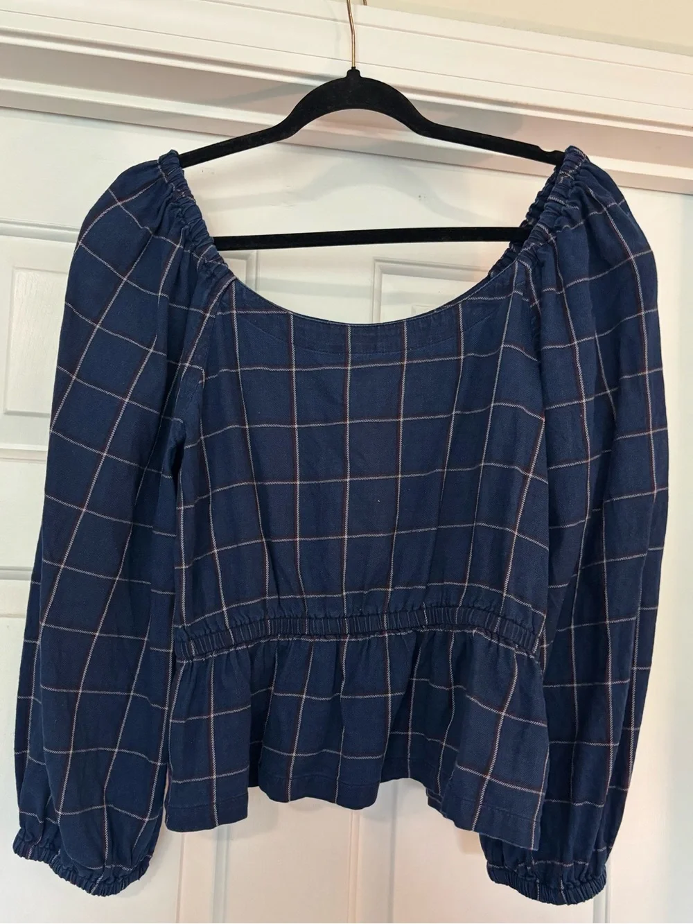 Madewell Navy Plaid Peplum Blouse | Puff Sleeve Square Neck Top | Size Large